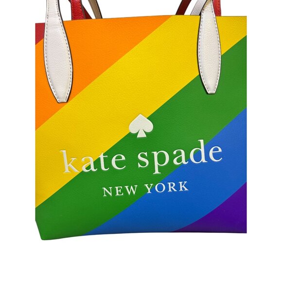 Kate Spade New York Rainbow Striped Leather Tote Bag With Red & White Handles - Picture 5 of 10